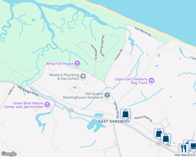map of restaurants, bars, coffee shops, grocery stores, and more near Spring Hill Road in Sandwich