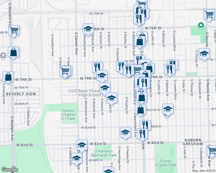 map of restaurants, bars, coffee shops, grocery stores, and more near 7931 South Honore Street in Chicago