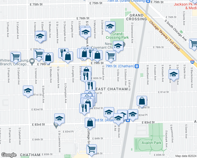 map of restaurants, bars, coffee shops, grocery stores, and more near 841 East 80th Street in Chicago