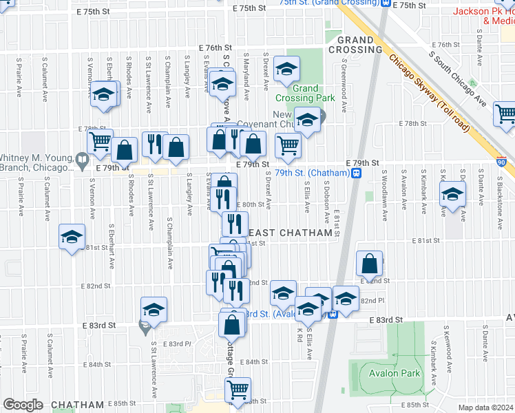 map of restaurants, bars, coffee shops, grocery stores, and more near 843 East 80th Street in Chicago