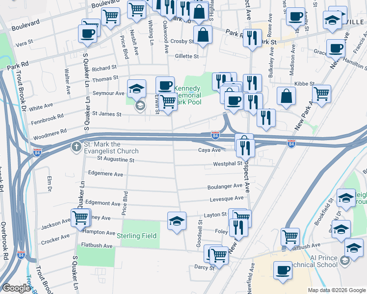 map of restaurants, bars, coffee shops, grocery stores, and more near 246 Oakwood Avenue in West Hartford