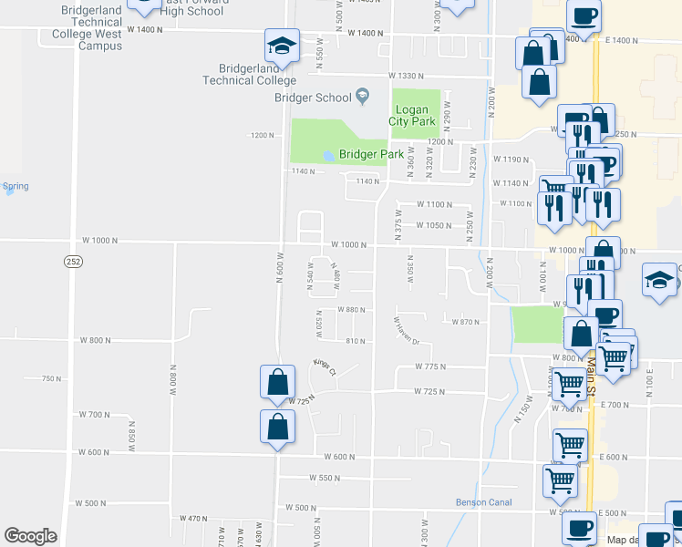 map of restaurants, bars, coffee shops, grocery stores, and more near 948 North 480 West in Logan