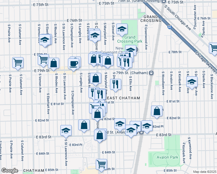 map of restaurants, bars, coffee shops, grocery stores, and more near 856 East 80th Street in Chicago