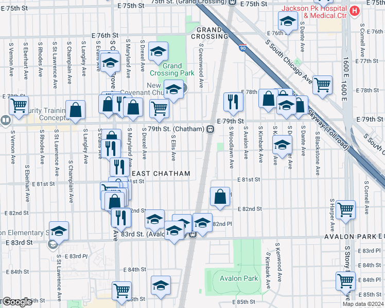map of restaurants, bars, coffee shops, grocery stores, and more near 8001 South Dobson Avenue in Chicago