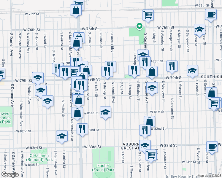 map of restaurants, bars, coffee shops, grocery stores, and more near 7934 South Loomis Boulevard in Chicago
