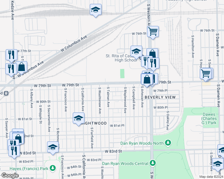 map of restaurants, bars, coffee shops, grocery stores, and more near 2614 West 79th Place in Chicago