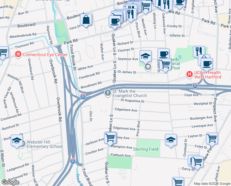 map of restaurants, bars, coffee shops, grocery stores, and more near 446 Quaker Lane South in West Hartford