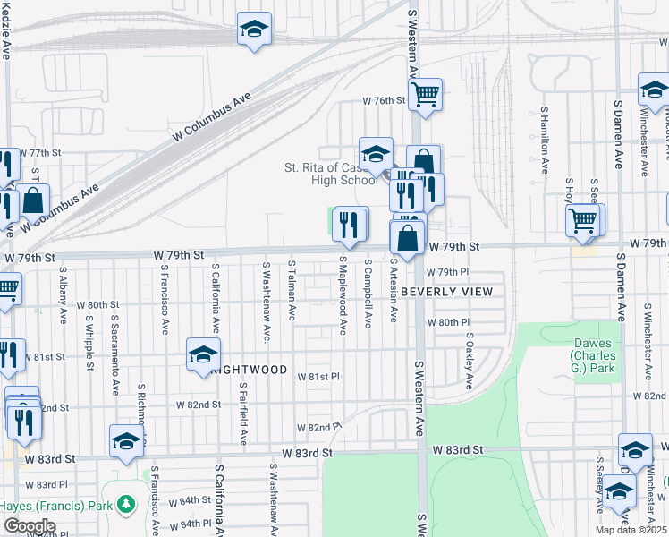 map of restaurants, bars, coffee shops, grocery stores, and more near 2540 West 79th Place in Chicago