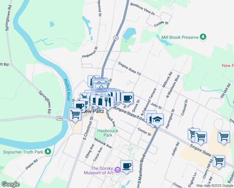 map of restaurants, bars, coffee shops, grocery stores, and more near 25 Orchard Heights in New Paltz