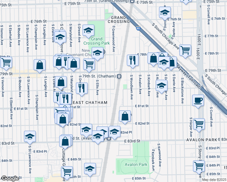 map of restaurants, bars, coffee shops, grocery stores, and more near 1061 East 80th Street in Chicago