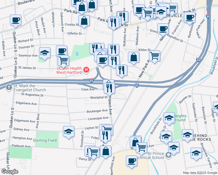 map of restaurants, bars, coffee shops, grocery stores, and more near 127 Prospect Ave in Hartford