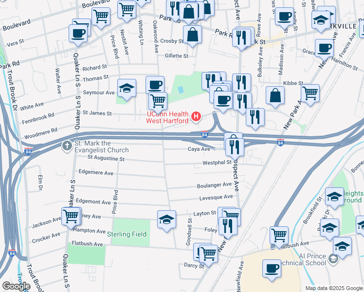 map of restaurants, bars, coffee shops, grocery stores, and more near 104 Caya Avenue in West Hartford
