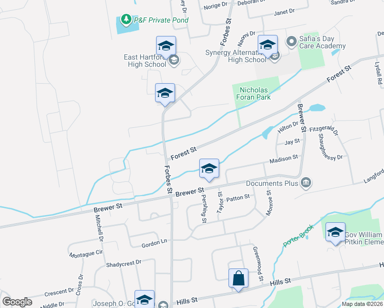 map of restaurants, bars, coffee shops, grocery stores, and more near 45 Forest Street in East Hartford
