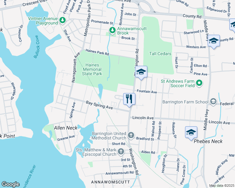 map of restaurants, bars, coffee shops, grocery stores, and more near 37 Sweet Briar Road in Barrington