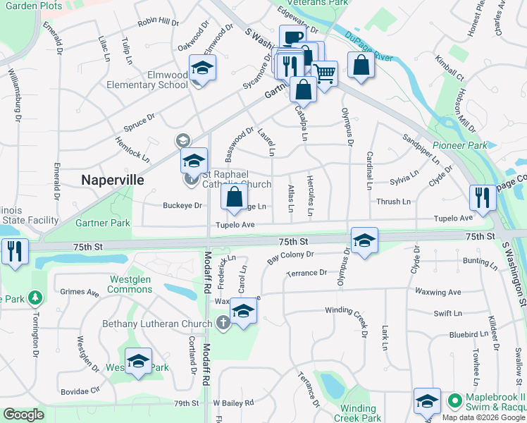 map of restaurants, bars, coffee shops, grocery stores, and more near 308 Osage Lane in Naperville