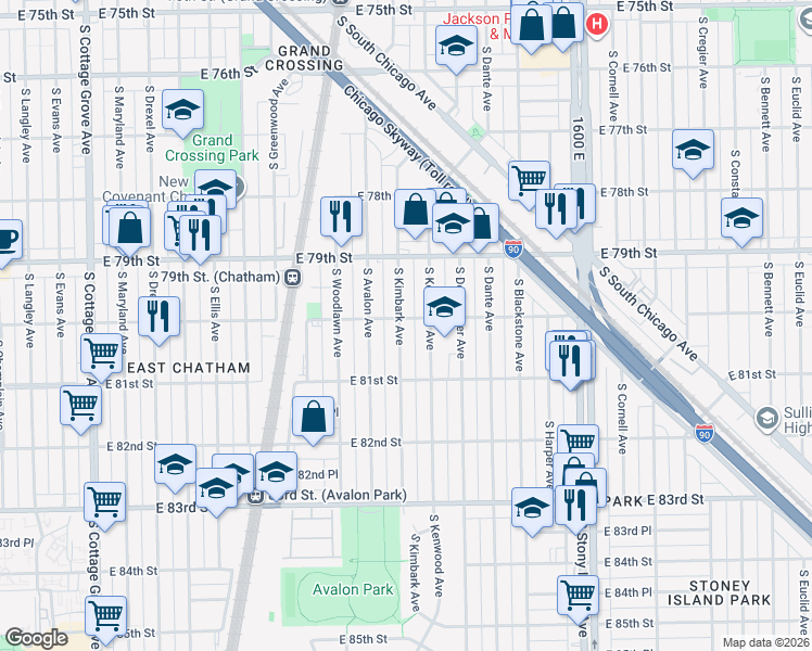 map of restaurants, bars, coffee shops, grocery stores, and more near 8005 South Kimbark Avenue in Chicago