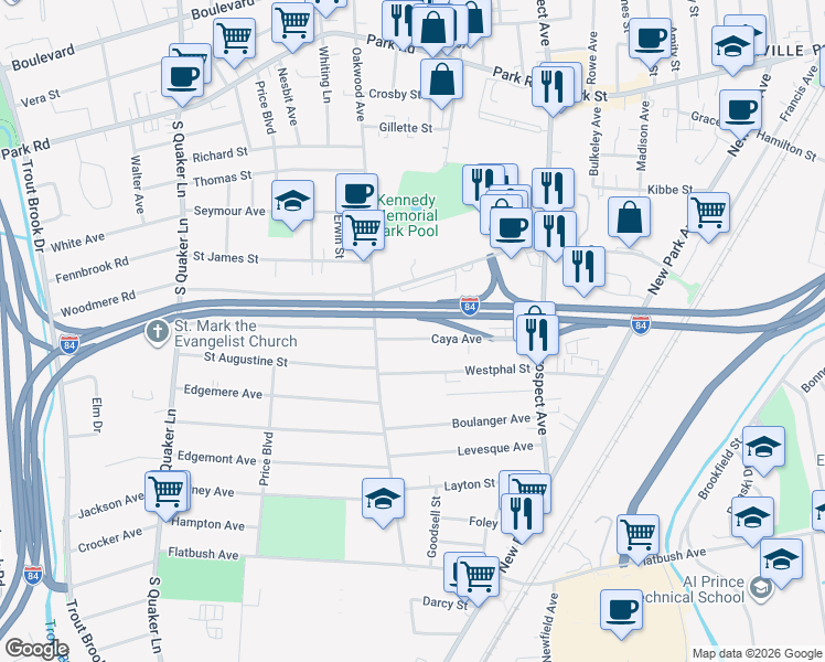 map of restaurants, bars, coffee shops, grocery stores, and more near 104 Caya Avenue in West Hartford
