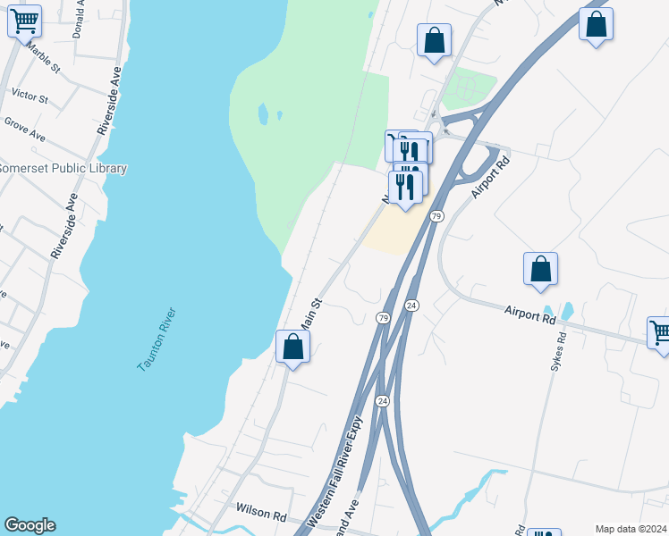 map of restaurants, bars, coffee shops, grocery stores, and more near 3966 North Main Street in Fall River