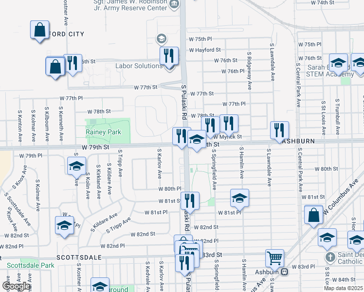 map of restaurants, bars, coffee shops, grocery stores, and more near 7900 South Pulaski Road in Chicago