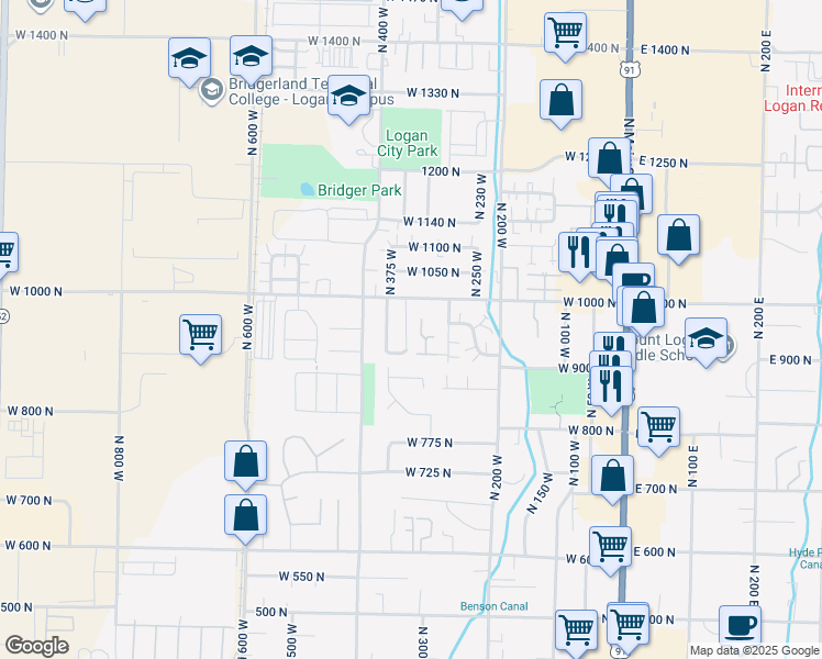 map of restaurants, bars, coffee shops, grocery stores, and more near 952 North 350 West in Logan