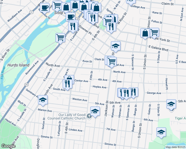 map of restaurants, bars, coffee shops, grocery stores, and more near 318 Fifth Street in Aurora