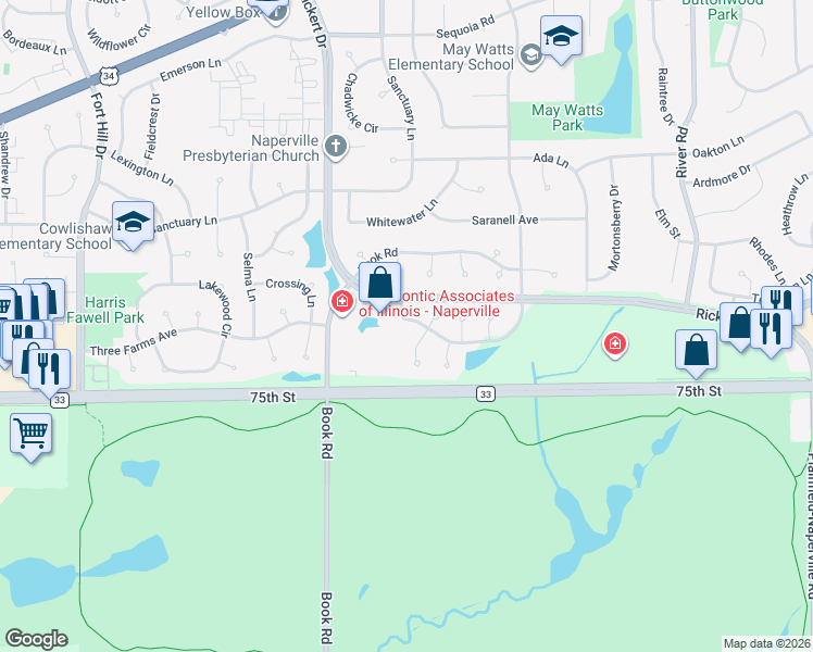 map of restaurants, bars, coffee shops, grocery stores, and more near 1296 Whispering Hills Drive in Naperville