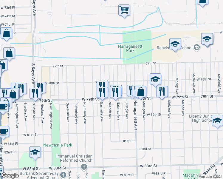 map of restaurants, bars, coffee shops, grocery stores, and more near 7819 Neenah Avenue in Burbank