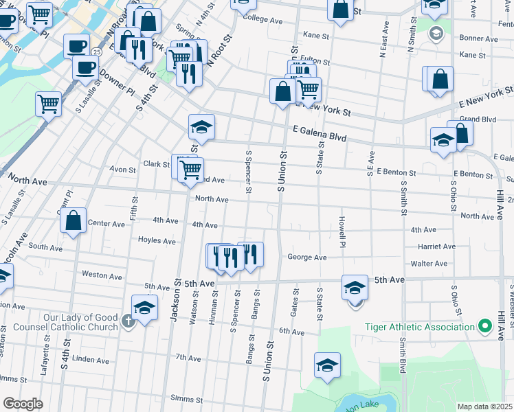 map of restaurants, bars, coffee shops, grocery stores, and more near 609 North Avenue in Aurora