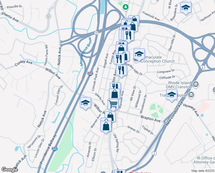 map of restaurants, bars, coffee shops, grocery stores, and more near 47 Turner Avenue in Cranston