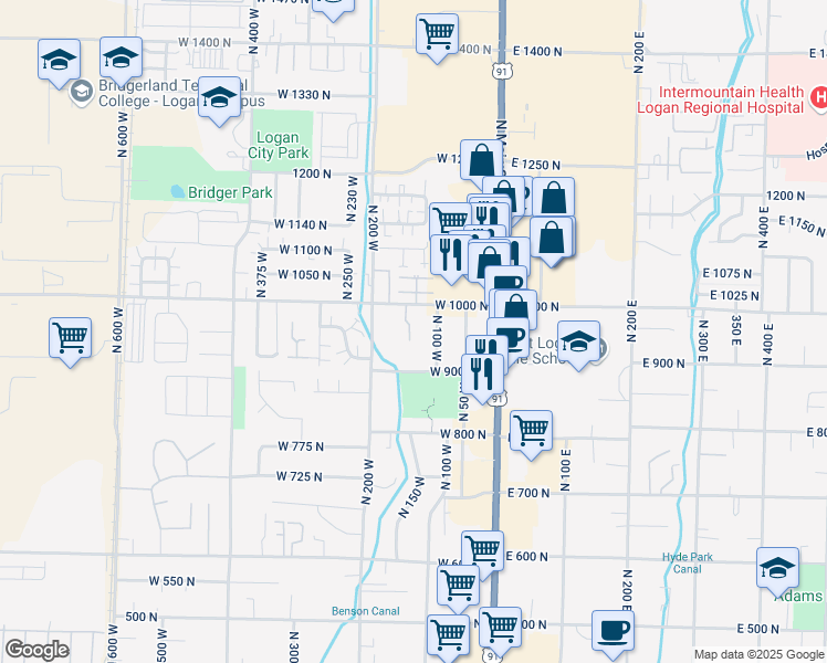 map of restaurants, bars, coffee shops, grocery stores, and more near 1650 North 150 West in Logan