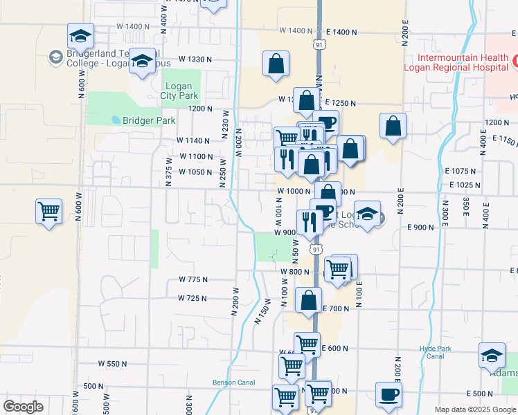 map of restaurants, bars, coffee shops, grocery stores, and more near 1650 North 150 West in Logan
