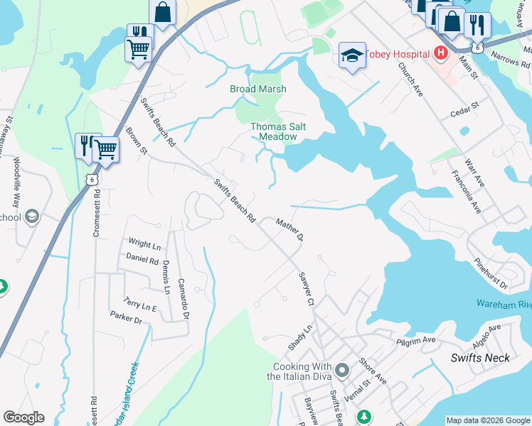 map of restaurants, bars, coffee shops, grocery stores, and more near 4 Mather Drive in Wareham