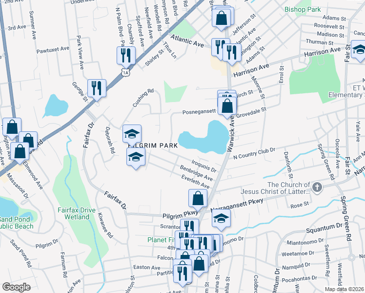 map of restaurants, bars, coffee shops, grocery stores, and more near in Warwick