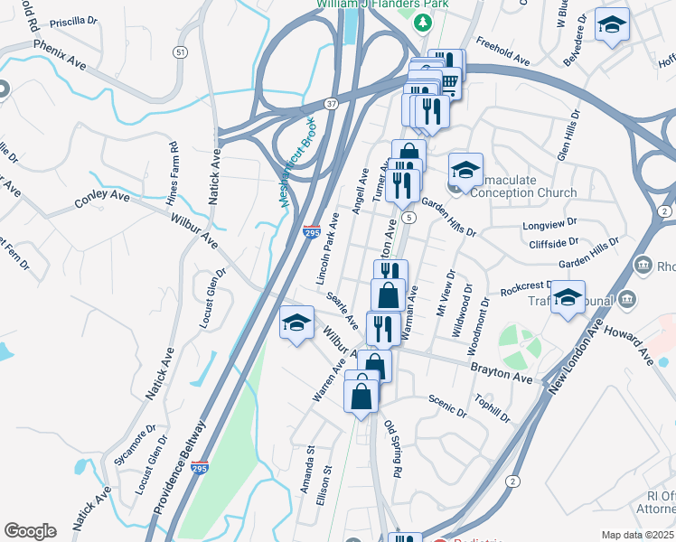 map of restaurants, bars, coffee shops, grocery stores, and more near 34 Angell Avenue in Cranston