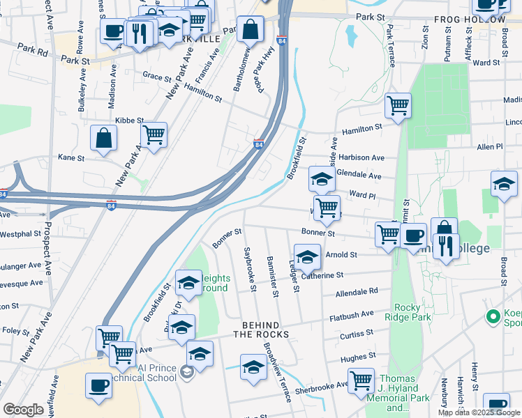 map of restaurants, bars, coffee shops, grocery stores, and more near 177 Wilson Street in Hartford