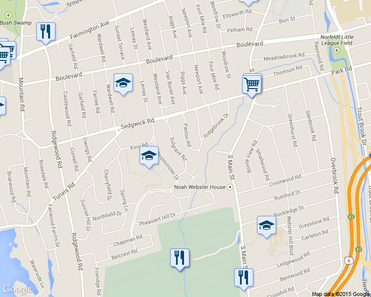 map of restaurants, bars, coffee shops, grocery stores, and more near 33 Paxton Road in West Hartford