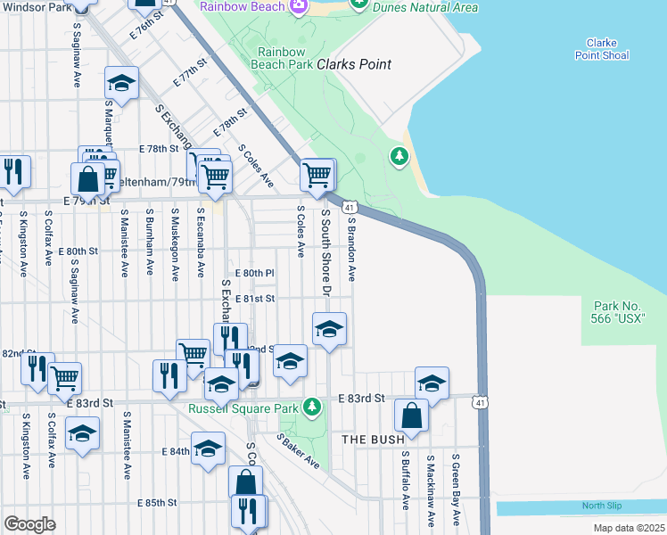 map of restaurants, bars, coffee shops, grocery stores, and more near 8021 South South Shore Drive in Chicago