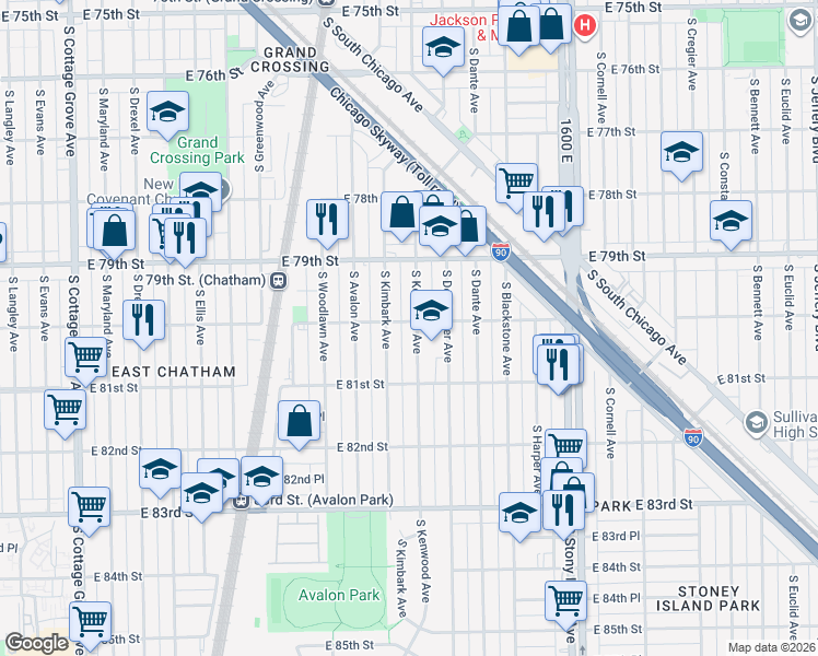 map of restaurants, bars, coffee shops, grocery stores, and more near 8005 South Kimbark Avenue in Chicago
