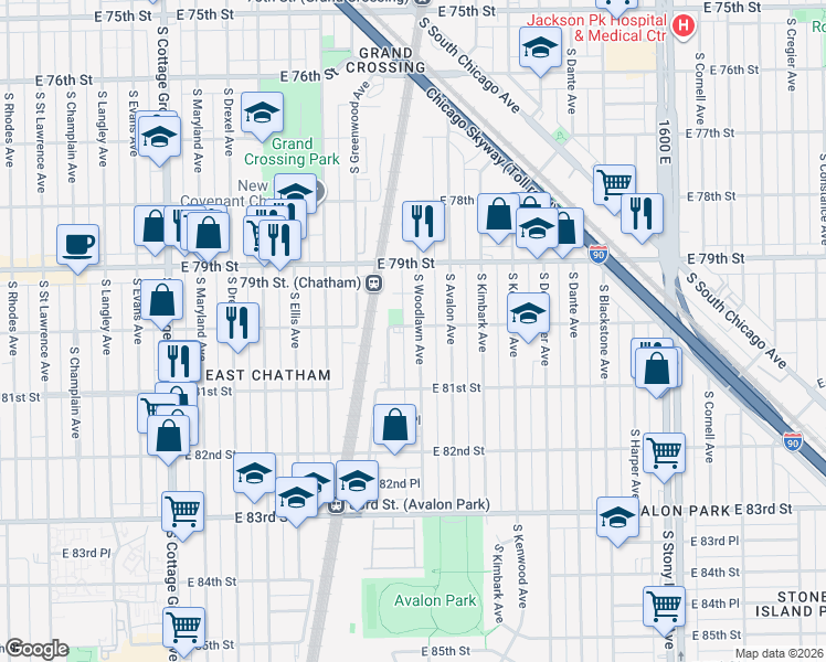 map of restaurants, bars, coffee shops, grocery stores, and more near 8000 South Woodlawn Avenue in Chicago