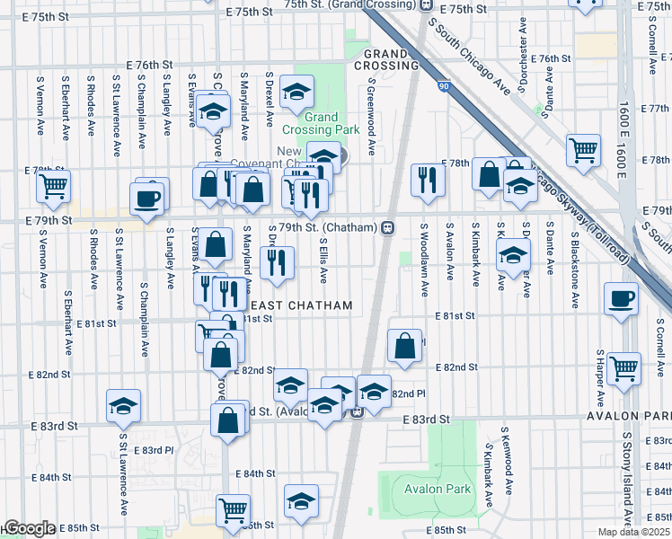 map of restaurants, bars, coffee shops, grocery stores, and more near 8001 South Ellis Avenue in Chicago