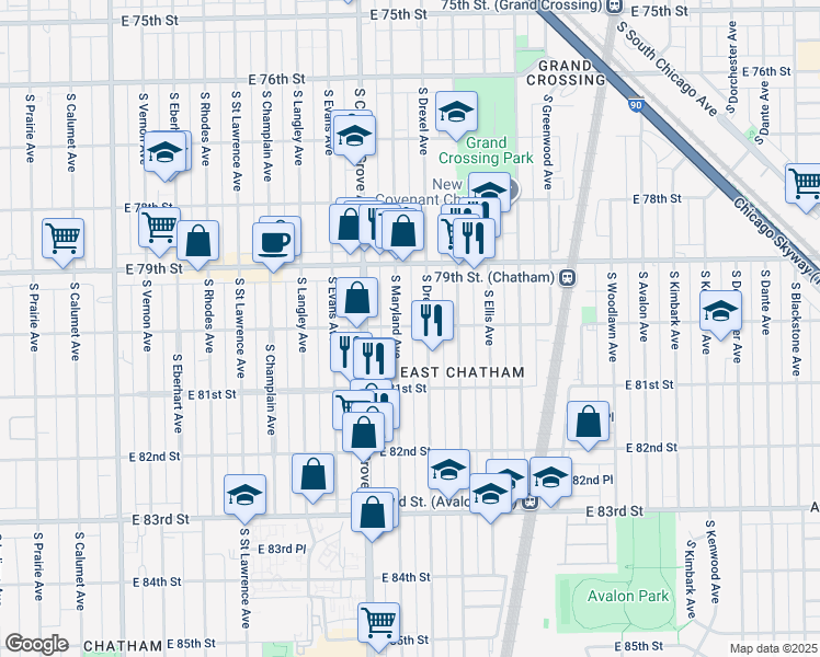 map of restaurants, bars, coffee shops, grocery stores, and more near 856 East 80th Street in Chicago