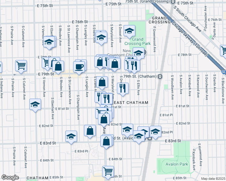 map of restaurants, bars, coffee shops, grocery stores, and more near 815 East 80th Street in Chicago