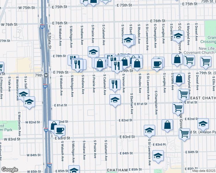 map of restaurants, bars, coffee shops, grocery stores, and more near 7955 South Calumet Avenue in Chicago