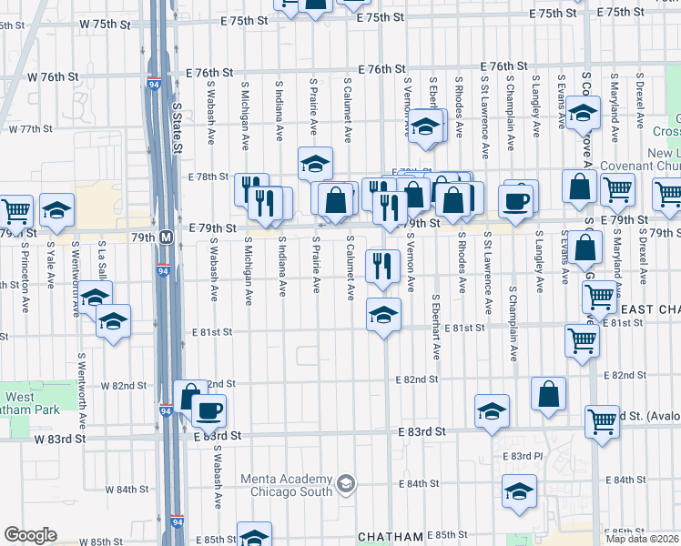map of restaurants, bars, coffee shops, grocery stores, and more near 7955 South Calumet Avenue in Chicago