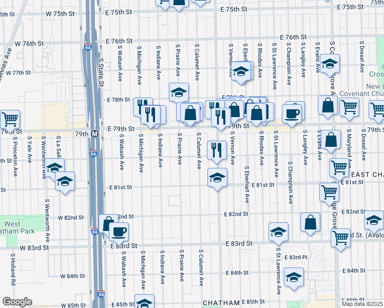 map of restaurants, bars, coffee shops, grocery stores, and more near 7955 South Calumet Avenue in Chicago