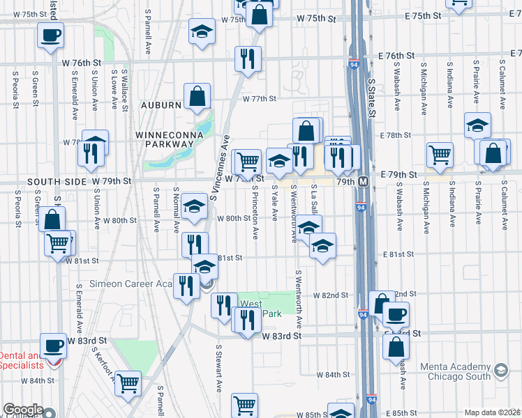 map of restaurants, bars, coffee shops, grocery stores, and more near 7945 South Princeton Avenue in Chicago