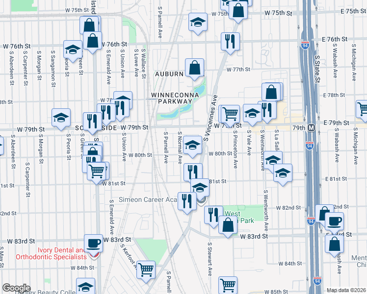 map of restaurants, bars, coffee shops, grocery stores, and more near 437 West 79th Place in Chicago