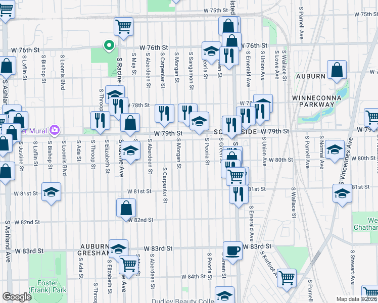 map of restaurants, bars, coffee shops, grocery stores, and more near 7934 South Sangamon Street in Chicago