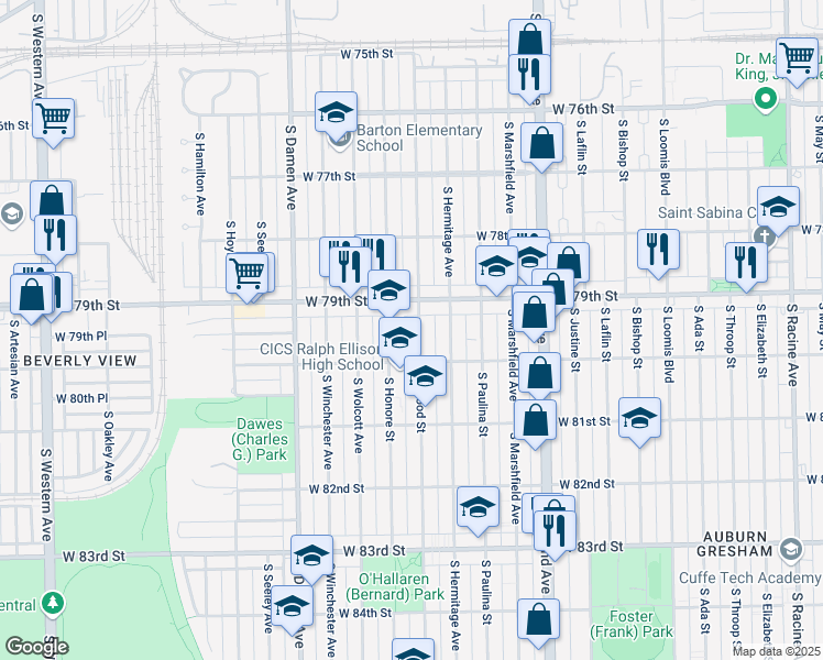 map of restaurants, bars, coffee shops, grocery stores, and more near 7931 South Honore Street in Chicago