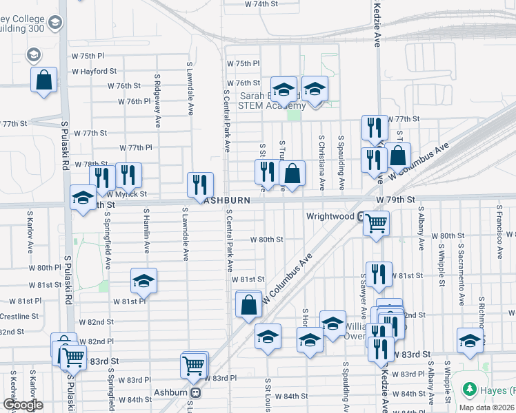map of restaurants, bars, coffee shops, grocery stores, and more near 3459 West 79th Street in Chicago